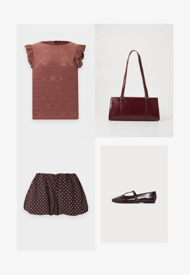 Blouse sans manches rose poudré avec motif en dentelle ajourée et épaules volantées.; Mini-jupe marron à pois blancs, taille élastiquée froncée et silhouette légèrement évasée sur un fond uni.; Chaussure plate Mary Jane en cuir verni bordeaux à bout pointu, avec bride en T et petite boucle latérale sur fond blanc uni.; Sac à main bordeaux en matériau brillant, de forme rectangulaire, avec deux anses et des accents légèrement courbés à l'avant.