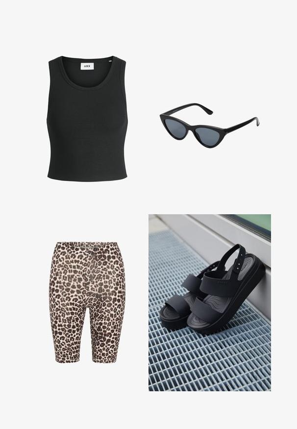 Débardeur noir à côtes avec un col rond et sans manches ; fabriqué à partir d'un tissu doux et extensible pour le confort et l'ajustement.; Shorts de vélo en imprimé léopard avec une palette de couleurs noir et beige, taille élastique et texture lisse. Longueur mi-thigh avec un design ajusté.; Sandales à plateforme noires avec deux larges brides et une bride arrière, posées sur une surface métallique grillagée à côté d'une fenêtre en verre.; Lunettes de soleil noires en forme d'œil de chat avec des verres gris foncé, monture en plastique élégante, coins pointus et branches droites. Pas de métal visible ni d'accents.