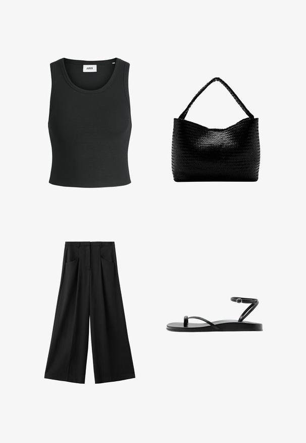 Débardeur noir à côtes avec un col rond et sans manches ; fabriqué à partir d'un tissu doux et extensible pour le confort et l'ajustement.; Pantalon noir à jambes larges avec poches avant, passants pour ceinture, et une fermeture avant dissimulée, présenté sur un fond blanc.; Sandale plate noire avec fines lanières, boucle pour l’orteil et bride de cheville avec une petite boucle ronde, vue de profil.; Sac à main tissé noir avec une anse unique tressée, forme rectangulaire et surface texturée brillante.