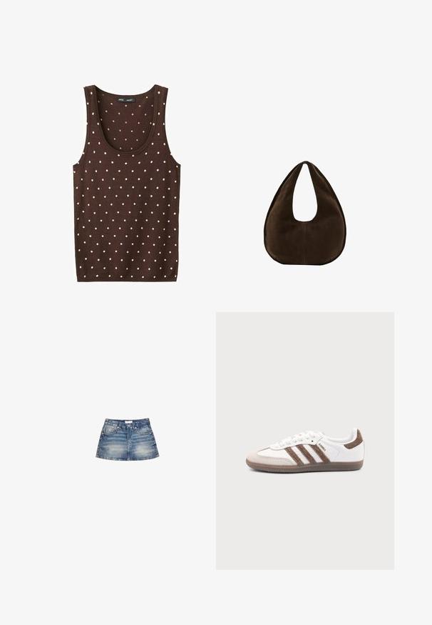 Débardeur marron en maille sans manches avec de petits pois blancs régulièrement espacés et un col rond.; Mini-jupe en denim de couleur bleu clair, avec une taille cintrée, des poches avant et un ourlet évasé avec un léger délavage et des bords finis.; Baskets Adidas Samba blanches avec des bandes en daim marron, semelle en caoutchouc marron et bout en daim beige, vues du côté extérieur sur un fond uni.; Sac à main en daim marron foncé en forme de croissant avec une seule sangle large et une texture lisse sur fond blanc.