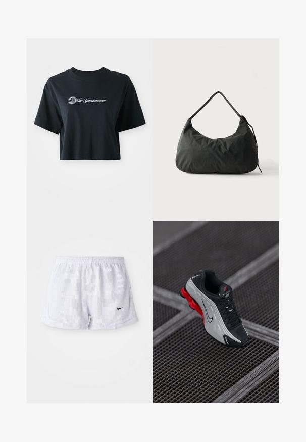 Afskåret sort bomulds T-shirt med korte ærmer, der har hvid tekst "Vice Sportswear" og et cirkulært grafisk motiv på forsiden.; Hvide ribbede sports-shorts med elastisk talje og lille sort Nike-logo på nederste venstre side. Enkel, minimalistisk design.; Sort og grå atletisk sko med rød polstret sål, sorte snørebånd og swoosh-logo hvilende på metalgitteroverflade.; Sort blødt stof skuldertaske med enkelt strop og let rynket tekstur mod en ensfarvet lys baggrund.