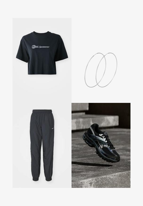 Zastrihnuté čierne bavlnené tričko s krátkymi rukávmi, so bielym textom "Vice Sportswear" a kruhovou grafikou na prednej strane.; Čierne tréningové nohavice Nike vyrobené z ľahkej tkaniny, so elastickým pásom a manžetami, s malým bielym logom na ľavej nohe.; Čierno-strieborná bežecká topánka Nike vznášajúca sa nad betónovými schodmi, zobrazujúca detailný dizajn a textúrovanú podrážku v exteriéri.; Strieborné kruhové náušnice s minimalistickým dizajnom. Cirkulárny tvar, hladký povrch a tenký profil. Ľahké s lesklým povrchom.