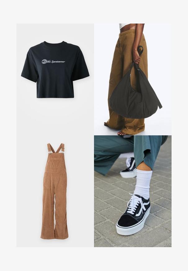 Afskåret sort bomulds T-shirt med korte ærmer, der har hvid tekst "Vice Sportswear" og et cirkulært grafisk motiv på forsiden.; Brune kordfløjs overalls med brede ben, justerbare stropper og forlomme. Blød tekstur med lodret ribbet mønster.; Sorte ruskinds sneakers med hvide accenter og snørebånd, der har en tyk hvid sål og kontrasterende syninger, parret med en hvid sok.; Person iført brune vidde bukser og hvid top holder en stor sort blød håndtaske i remmen ved siden.