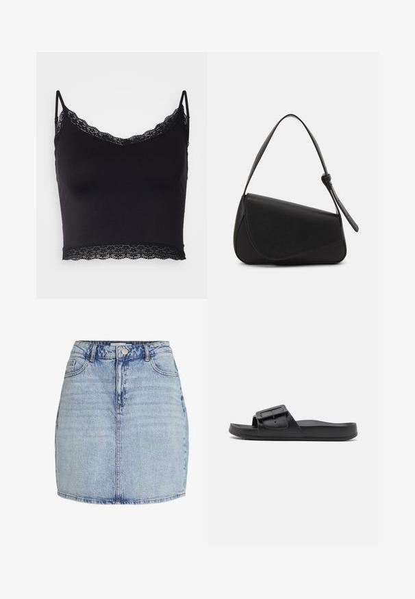 Even&Odd by Zalando Top - black; Mini falda de mezclilla azul claro con cierre frontal de botones y cremallera, trabillas para cinturón y bolsillos delanteros.; Chancla negra con una correa ancha, hebilla ajustable, suela plana y textura mate suave. Diseño simple sin patrones adicionales.; Bolso de mano de cuero negro con forma triangular, tapa en ángulo y un asa superior redondeada. Presenta una textura suave y detalles de diseño minimalistas.