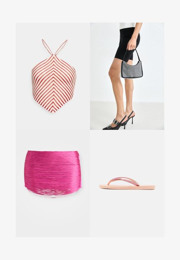 Even&Odd by Zalando Top - white/red; Lyserød plisseret stof med horisontale linjer, rund form og kontrastfyldt glansfuld kant. Tekstureret med livlig farve og glat finish.; Lyserød flip-flop med en glitrende rem, tekstureret gummisål og enkelt fladt design. Der er detaljer som et skinnende forbindelsesstykke.; Sort perlehandtaske med en buet silhuet, bærehåndtag og blank overflade. Båret med højhælede sorte sko og tætsiddende sorte shorts.
