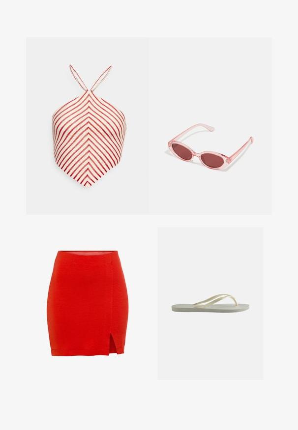 Even&Odd by Zalando Top - white/red; Rød strikket nederdel med en tætsiddende pasform, der har en sideslids og en kant, der sidder lige over midt-lår. Glat tekstur, enkel konstruktion.; Enkelt off-white gummiflipper med tynde remme og tekstureret fodseng set fra siden på ensfarvet baggrund.; Lyserøde transparente solbriller med ovale linser, mørkerød toning og slanke stænger, der har en glat overflade og diskret detaljering på rammen.