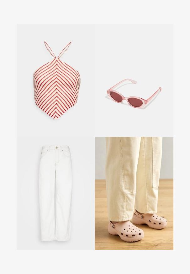 Even&Odd by Zalando Top - white/red; BDG Urban Outfitters LOGAN CINCH - Jeans Straight Leg - white; Helle rosa Clogs aus Gummi, mit Belüftungslöchern, einer konturierten Form und einer strukturierten Sohle für Halt. Getragen mit hellbeigen Hosen.; Pink transparente Sonnenbrille mit ovalen Gläsern, dunkler roter Tönung und schlanken Bügeln, ausgestattet mit einer glatten Oberfläche und dezenten Details am Rahmen.