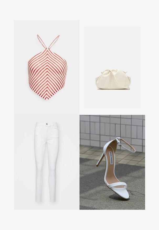 Even&Odd Top - white/red; Weiße, schmale Jeans aus Jeansstoff, mit einem Vorderknopfverschluss, fünf Taschen und einer glatten Textur des Stoffes.; Weiße High-Heel-Sandale mit Knöchelriemen, spitzer Zehenpartie, glatter Ledertextur und schlankem Stiletto-Absatz. "Steve Madden"-Etikett sichtbar.; Weiche, cremefarbene Leder-Clutch mit gerafftem Design und einem dünnen Schulterriemen, der vorne auf einem schlichten Hintergrund liegt.