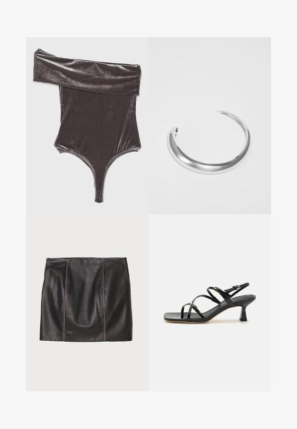 Agolde BREE BANDED BODYSUIT - T-shirts print - shark/gunmetal; Sort læderskørt med stikninger, lige silhuet og glat tekstur. Minimalistisk design uden metaldele.; Sorte lakerede sandaler med stropper, kvadratisk tå og en lav blokhæl. Udstyret med guldfarvet hardware og justerbare ankelremme.; Sølvmetal cuff armbånd med en poleret finish, der har et glat, afrundet design og åbne ender for justerbar pasform.