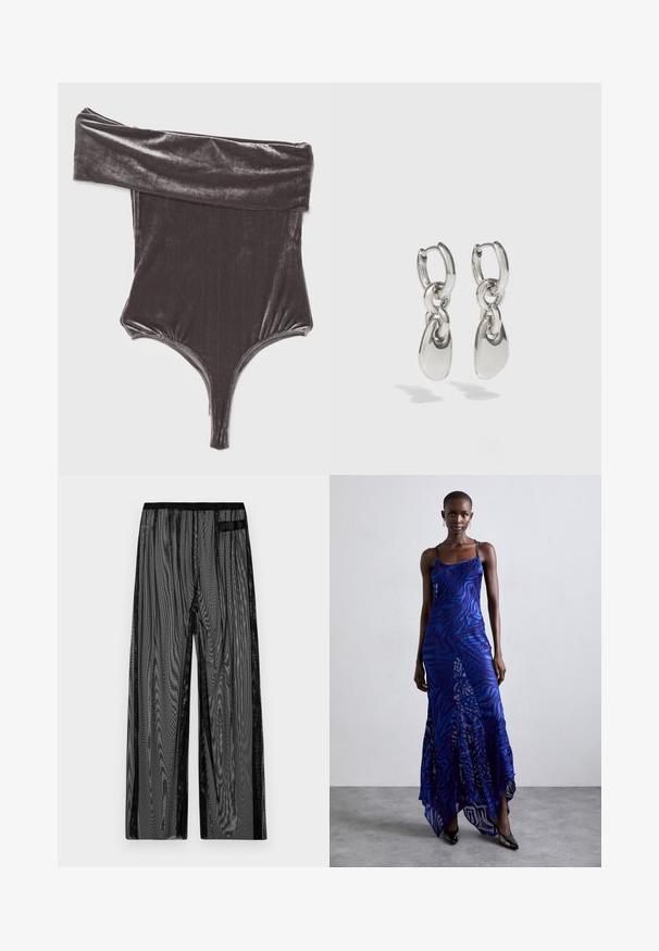 Agolde BREE BANDED BODYSUIT - Tričko s potlačou - shark/gunmetal; Čierne sieťované nohavice so širokým strihom, s čiernym elastickým pásom a bočnými vreckami. Textúrovaná, ľahká tkanina.; Maxi šaty s potlačou zvieracích vzorov v modrej a fialovej farbe, s tenkými ramienkami, priliehavým telom, rozšíreným lemom a priesvitnými detailmi.; Strieborné kruhové náušnice s predlženými oválnymi článkami, s lesklým povrchom a textúrovaným príveskom. Jednoduchý dizajn s hladkými hranami.