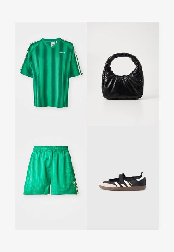 Grønstribet T-shirt med korte ærmer, V-hals og Adidas-logo. Har kontrasterende hvide sidelister og en glat, letvægtsstof.; Grønne sportsshort med hvide lodrette striber, elastisk talje og gule sidelagner. Har et lille guld logo nederst til venstre.; Sort og beige sko med velcrolukning, tre hvide striber på siden og en tekstureret brun gummisål. Mærkelogo er synligt.; Sort polstret håndtaske med et rundt håndtag, der har en glat, skinnende overflade og en blød, kviltet tekstur. Ingen synlige hardware eller accenter.