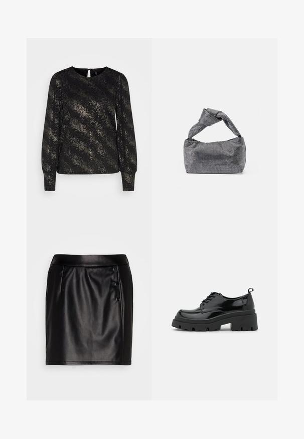 ONLY ONLPELLA FOIL PUFF - Μπλούζα με μακριά μανίκια - black/gold; VILA VITALLA BUTTON SKIRT - Μίνι φούστα - black/silver; Μαύρα παπούτσια από πατέντα δέρμα με χοντρή σόλα πλατφόρμας και παχιά κορδόνια. Στρογγυλή μύτη, ελάχιστες λεπτομέρειες και μια μικρή θηλιά στο πίσω μέρος.; Μαύρη και ασημένια τσάντα χειρός με υφασμάτινη επιφάνεια που διαθέτει διαμαντένιο σχέδιο, κόμπο στη λαβή και δομημένο σχήμα.