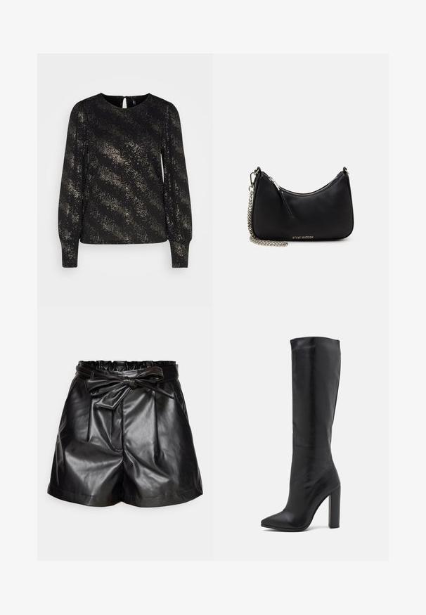 ONLY ONLPELLA FOIL PUFF - Langærmet T-shirt - black/gold; Sorte faux læder shorts med elastisk taljebånd, en bundet bælte, plisseringer og sidelommer. Glat tekstur og skræddersyet pasform.; RAID PRISCA - Højhælede støvler - black; Sort syntetisk håndtaske med en buet form, sølv kædetræk, lynlåslukning og præget brandlogo på forsiden. Glat tekstur.