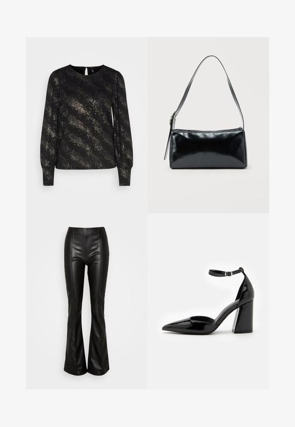 ONLY ONLPELLA FOIL PUFF - T-shirt à manches longues - black/gold; ONLY ONLIDINA FLARE PANT - Pantalon classique - black; Chaussure à talon haut en cuir verni noir avec un bout pointu, une bride de cheville et un large talon bloc pour la stabilité, présentant une texture lisse et brillante.; Sac d'épaule rectangulaire noir avec une sangle réglable unique et une fermeture éclair supérieure sur un fond uni.