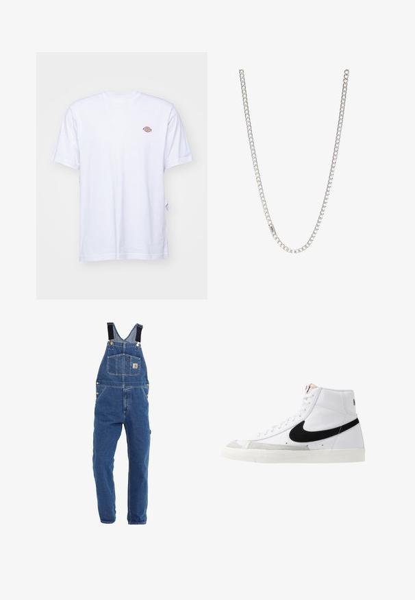 Weißes Baumwoll-T-Shirt mit V-Ausschnitt und kurzen Ärmeln. Besitzt ein kleines, buntes, gesticktes Logo auf der linken Brustseite. Weiches Material.; Jeanslatzhosen in einem mittleren Blauton, mit verstellbaren schwarzen Trägern, mehreren Taschen und Metallbeschlägen.; Weiße High-Top-Sneaker mit einem schwarzen Swoosh, strukturiertem grauen Zehenkappeneinsatz und flacher weißer Sohle. Verfügt über sechs Ösen und genähte Akzente.; Silberne Kettenhalskette mit ineinandergreifenden Gliedern, glatter Textur und einheitlicher rechteckiger Form. Sicherer Verschluss.