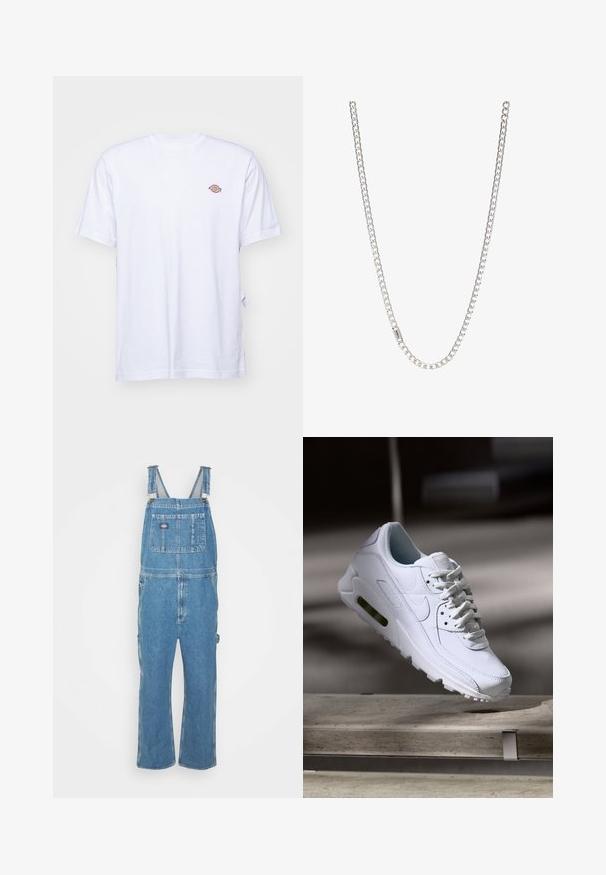 Weißes Baumwoll-T-Shirt mit V-Ausschnitt und kurzen Ärmeln. Besitzt ein kleines, buntes, gesticktes Logo auf der linken Brustseite. Weiches Material.; Jeanslatzhosen in Hellblau mit verstellbaren Trägern, einer Vorderasche und Seitentaschen. Lockere Passform mit geraden Beinen, aus Baumwollstoff gefertigt.; Weiße Lederturnschuhe mit strukturierten Oberflächen, gepolstertem Kragen und sichtbarer Luftpolsterung in der Sohle. Verfügt über Schnürsenkel und ein minimalistisches Design.; Silberne Kettenhalskette mit ineinandergreifenden Gliedern, glatter Textur und einheitlicher rechteckiger Form. Sicherer Verschluss.
