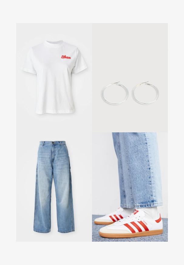 Hvid bomulds T-shirt med rund halsudskæring og korte ærmer. Har et rødt broderet logo på venstre brystområde.; Lysblå vidde jeans med høj talje, der har sidelommer og en falmet struktur, lavet af denim materiale.; Hvide lædersneakers med røde striber og accenter. Har en tekstureret gummisål og polstret krave. Bæres med lyseblå denim.; Par skinnende sølvøreringe med tynde trådlåse, vist på en lys grå baggrund.