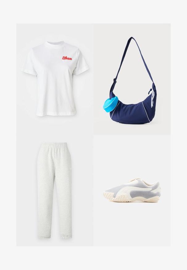 Hvid bomulds T-shirt med rund halsudskæring og korte ærmer. Har et rødt broderet logo på venstre brystområde.; Lys grå sweatpants med elastisk talje, tapered ben og ribbede manchetter. Fremstillet af et blødt, tekstureret stof. Hvid logo detalje på siden.; Sportsko i lys grå ruskind med hvide læderdetaljer. Har en tekstureret sål med små pigge for bedre greb. Slip-on design.; Navyblå skuldertaske med lang rem, hvide pipingdetaljer, en lille lyseblå pung fastgjort og hvid blonderdekoration på siden.
