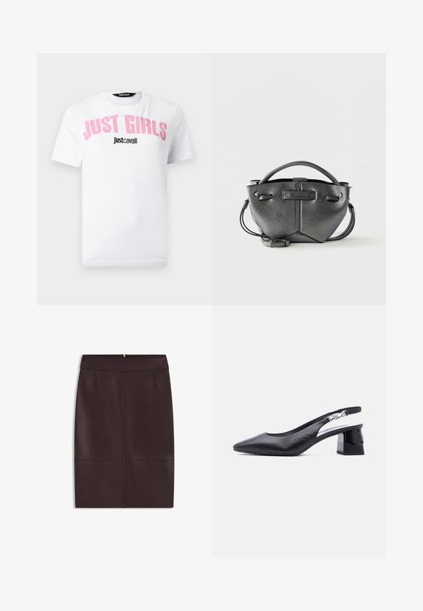Witte T-shirt met korte mouwen met roze tekst "JUST GIRLS" en kleinere zwarte tekst "Just Cavalli" gecentreerd op de voorkant.; Bordeaux leren pencilrok met een soepele textuur, voorzien van plooien aan de voorkant en een verborgen rits aan de achterkant voor sluiting.; Zwart leren slingback-schoen met puntige neus, lage blokhak en zilveren gesp op het bandje, zijaanzicht op witte achtergrond.; Zwarte gestructureerde leren handtas met afgeronde bovenhandvatten, afneembare schouderriem en subtiele stiksel details op een witte achtergrond.