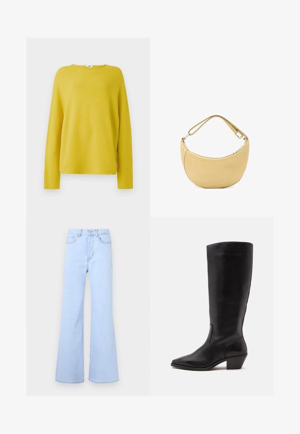 Pull en tricot jaune à manches longues et col rond. Texture douce et coupe décontractée, avec un design minimaliste.; Jean évasé bleu clair taille haute, doté de cinq poches, d'une fermeture à bouton et d'une texture denim lisse. Les bords sont soigneusement cousus.; Botte en cuir noire mi-mollet avec un bout pointu et un talon bas incliné sur un fond clair uni.; Sac à bandoulière en cuir beige doux en forme de croissant avec une sangle réglable et une fermeture éclair à quincaillerie argentée.