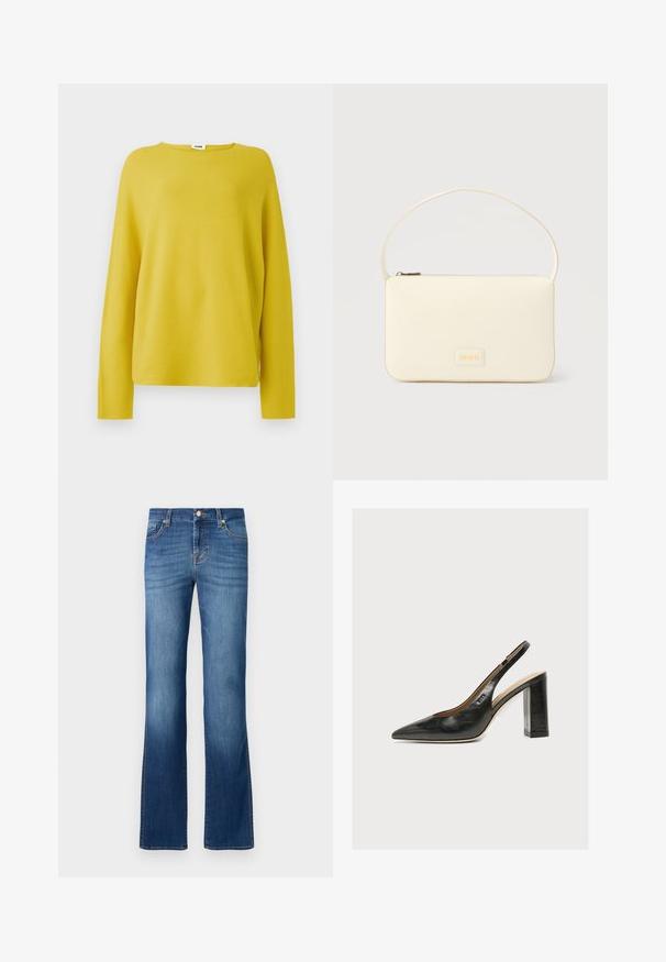 Gul strikket sweater med lange ærmer og rund halsudskæring. Blød tekstur og afslappet pasform med et minimalistisk design.; Blå denim flared jeans med et klassisk fem-lomme design, der har en falmet vask, guldtråde og en knaplukning i taljen.; Sort læder kvindesko med slingback, spids tå og tyk blokhøj hæl på hvid baggrund.; Kremfarvet rektangulær håndtaske med en enkelt rem og lynlås øverst, med en lille præget logo-plakette foran.