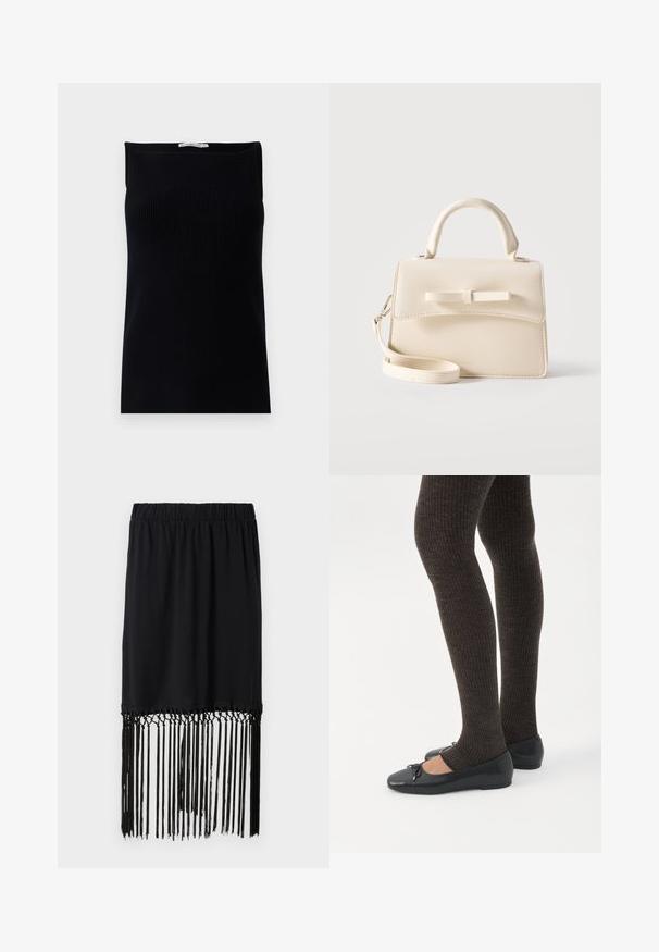 Top sin mangas negro de canalé con un escote recto, que presenta una textura suave y una silueta ajustada.; Falda negra con cintura elástica y dobladillo con flecos. Los flecos están hechos de hilos finos, aportando textura y detalle al diseño.; Piernas con leggings oscuros acanalados combinados con bailarinas negras que presentan pequeños detalles de lazo sobre un fondo blanco.; Pequeño bolso beige con asa superior, correa desmontable, solapa frontal y lazo decorativo horizontal sobre un fondo liso.