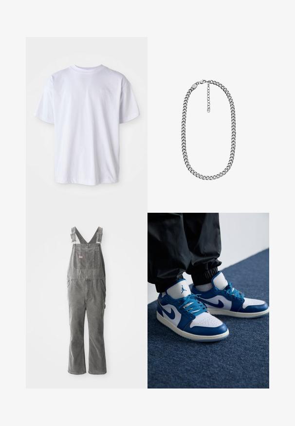 Camiseta blanca de algodón con cuello redondo y mangas cortas. Presenta un logo sutil bordado en un color a juego en el lado izquierdo del pecho.; Pantalones de mezclilla gris con tirantes ajustables, bolsillo en el pecho delantero, bolsillos laterales y piernas acampanadas. Tela resistente y corte relajado para mayor comodidad.; Las zapatillas Nike Air Jordan cuentan con una base de cuero blanco con acentos sintéticos azules, una caja de dedos perforada y cordones azules.; Collar de cadena curb en tono plateado con cierre de langosta y cadena extensible ajustable sobre fondo blanco.