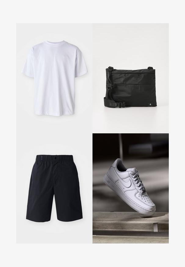 Hvid bomulds T-shirt med rund hals og korte ærmer. Har et diskret logo broderet i matchende farve på venstre bryst.; Sorte shorts lavet af letvægtsstof, med flad front, elastisk talje og sidelommer. Enkel design uden mønstre.; Hvid læder Nike Air Force 1 sneaker med perforeret tå, flade snørebånd og tekstureret gummisål med "AIR" branding på siden.; Sort nylon messenger-taske med justerbar rem, fladt design og et sideetiket med et logo. Glat tekstur og minimalistisk stil.