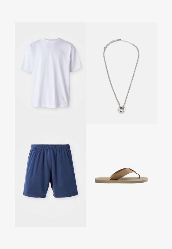 Weißes Baumwoll-T-Shirt mit Rundhalsausschnitt und kurzen Ärmeln. Verfügt über ein dezentes Logo, das in passender Farbe auf der linken Brust gestickt ist.; Marineblaue Shorts aus weichstem Baumwollmix, mit einem elastischen Bund, seitlichen Taschen und geradem Schnitt. Ideal für Freizeitmode.; Beige Flip-Flop-Sandale mit strukturierter Sohle und breitem braunem Stoff-Zehentrennriemen auf weißem Hintergrund.; Silberfarbene Metallkette mit einem gedrehten Kettendesign und einem runden Anhänger mit polierter Oberfläche.