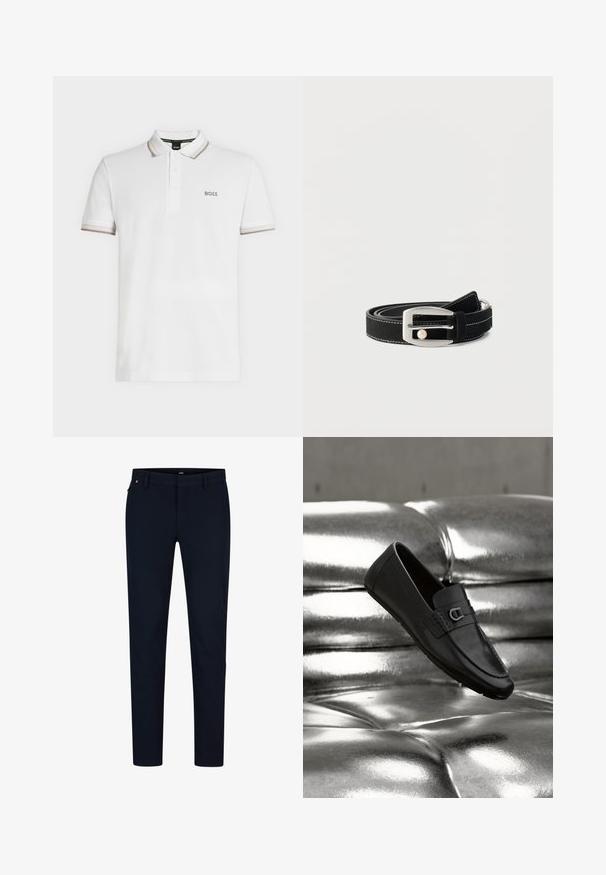 Witte polo met korte mouwen, beige afgewerkte kraag en mouwen, een knoopsluiting met drie knopen en een klein "BOSS"-logo op de borst.; Marineblauwe broek van gladde stof, met een slim fit, riemlussen en een verborgen ritssluiting. Er zijn geen opvallende patronen of accenten aanwezig.; Zwarte leren loafer met metalen gespsdetail, geplaatst op een glanzend metalen getufte ondergrond.; Zwarte leren riem met witte stiksels, opgerold en voorzien van een zilverkleurige rechthoekige gesp met een klein rond pareldetail.