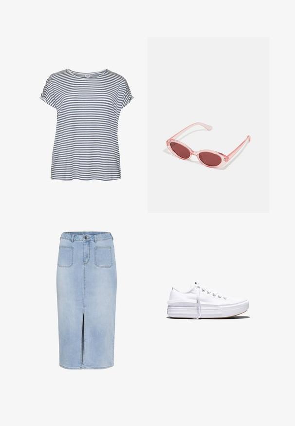 T-shirt med striber i lyseblå og hvid. Blødt stof, korte ærmer, rund halsudskæring og afslappet pasform. Ingen synlige mønstre eller pynt.; Lys blå denim midi-nederdel med en forkortet slids, fem lommer og en tætsiddende talje med bæltestropper og knaplukning.; Hvid lavt snørestøvle med tyk plateau-sål, snørelukning foran og gummiforstærket tåkap, set i sideprofil.; Lyserøde transparente solbriller med ovale linser, mørkerød toning og slanke stænger, der har en glat overflade og diskret detaljering på rammen.