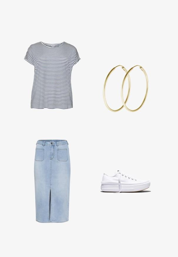 Gestreept T-shirt in lichtblauw en wit. Zachte stof, korte mouwen, ronde hals en een losse pasvorm. Geen zichtbare patronen of versieringen.; Lichtblauwe denim midi-skirt met een voorkleur, vijf zakken en een fitted taille met riemlussen en een knoopsluiting.; Witte lage canvas sneaker met dikke plateauzool, veters aan de voorkant en rubberen toeskap met structuur, zijaanzicht.; Gouden hoop oorringen met een glad, rond ontwerp en een glanzende afwerking. Lichtgewicht constructie met een stevige sluiting.