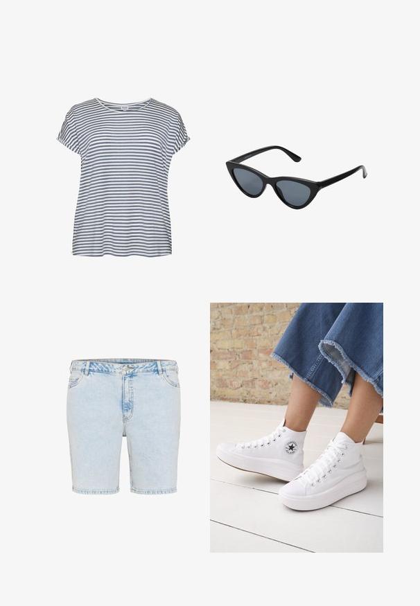 T-shirt med striber i lyseblå og hvid. Blødt stof, korte ærmer, rund halsudskæring og afslappet pasform. Ingen synlige mønstre eller pynt.; Lyseblå denimshorts med lige snit, fem lommer og synlige stikninger. Har en lukning med knap og lynlås.; Person iført hvide høje Converse-sneakers med tykke såler og beskårne blå jeans med flossede kanter mod en murstensvæg og hvidt gulv.; Sorte katteøje solbriller med mørkegrå linser, slankt plastisk stel, spidse hjørner og lige stænger. Ingen synlig hardware eller dekorationer.