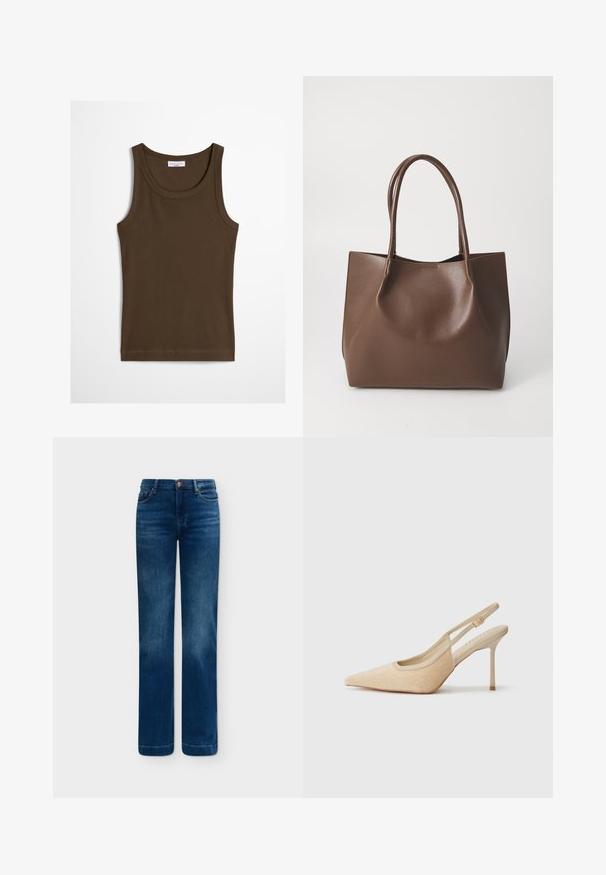 Débardeur côtelé marron sans manches avec encolure ronde, étiqueté Marc O'Polo Denim, posé à plat sur fond blanc.; Jean en denim bleu à jambe droite avec poches avant, passants de ceinture et fermeture par bouton.; Escarpins slingback beiges à bout pointu, fabriqués dans un matériau texturé, avec un talon fin et une sangle ajustable.; Sac en cuir marron avec deux longues poignées, forme structurée, texture lisse et design minimaliste. Aucun matériel ni accent visible.