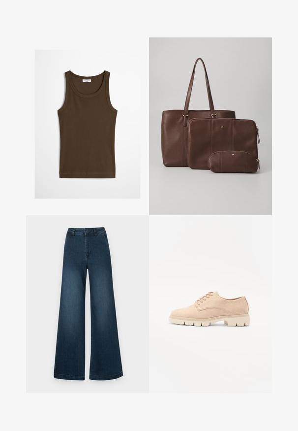 Brun ærmeløs ribbet tanktop med rund halsudskæring, mærket Marc O'Polo Denim, lagt fladt på en hvid baggrund.; Mørkeblå høj talje brede ben denim jeans med forlommer og bæltestropper på en hvid baggrund.; Beige ruskind snørebåndssko med rund tå, tekstureret overdel og en kraftig, cremefarvet gummisål med udtalt mønster for godt greb.; Brun læder tote taske med to matchende pouches; tote tasken har lange håndtag, mens pouches er med lynlås og i varierende størrelser. Gyldne detaljer inkluderet.