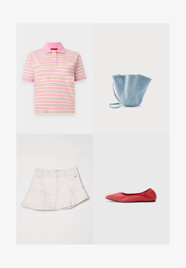 Kortærmet lyserød poloshirt med vandrette beige, hvide og sorte striber, knapper på kraven og lille logo på brystet.; Hvid denimnederdel med en tætsiddende talje og en udvidet plisseret kant. Inkluderer forlommer og en lille logo detalje på taljen.; Filippa K REY FLATS - Ballerinasko - bright red; Lyseblå stofhåndtaske med lang strop, bred åbning øverst og stikninger i lodrette sømme, sat mod en ensfarvet hvid baggrund.