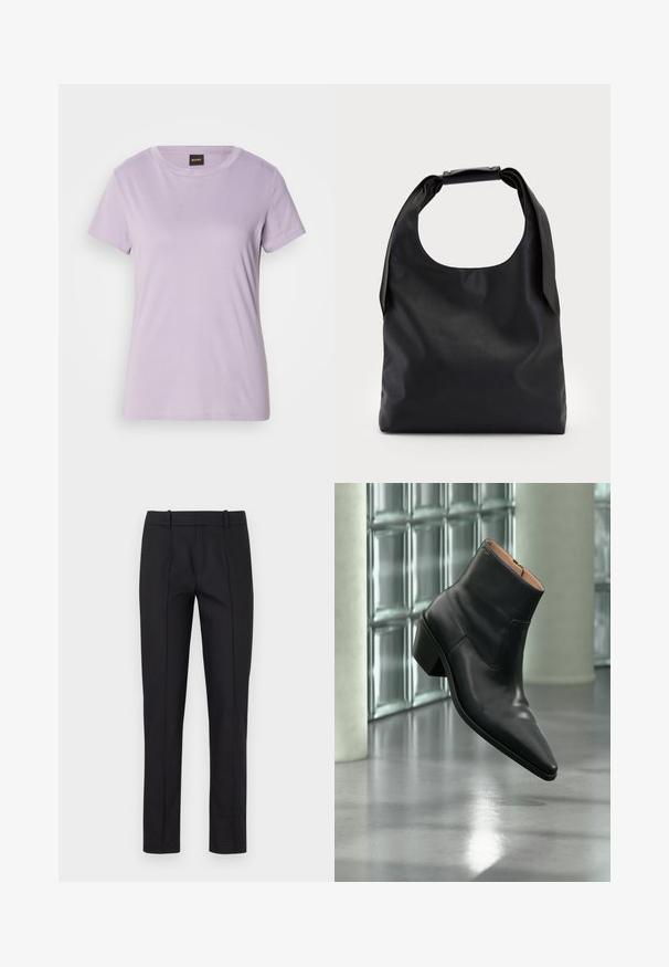 Camiseta de algodón color púrpura claro con cuello redondo, mangas cortas y un sutil logo en escritura decorado con strass en el pecho.; Pantalones negros ajustados con corte slim, parte delantera plana y dos bolsillos traseros. Confeccionados con un tejido suave y un detalle de costura sutil a lo largo de las costuras.; Botín de piel negra con puntera puntiaguda y tacón cuadrado que levita sobre un suelo gris reflectante cerca de una pared de bloques de cristal.; Bolso de mano de cuero negro con una gran abertura superior y una sola correa para el hombro. Textura suave, diseño minimalista, con detalles sutiles de herrajes.