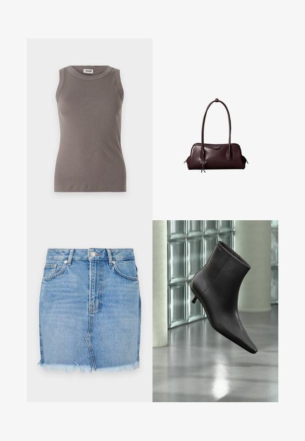 Grå ribbede tanktop med rund halsudskæring og ærmeløs design, lavet af et blødt, tekstureret stof. Enkel, tætsiddende silhuet.; Blå denimnederdel med en tætsiddende pasform, rå kant og klassiske forlommer. Glat tekstur med lidt falming for et afslappet look.; Sort læderankelstøvle med spids tå og lille hæl vist mod en væg af glasblokke og poleret gulv baggrund.; Mørkebrun lædertaske fra Calvin Klein med lange dobbelte håndtag og en lille logohængende ved det ene håndtag.