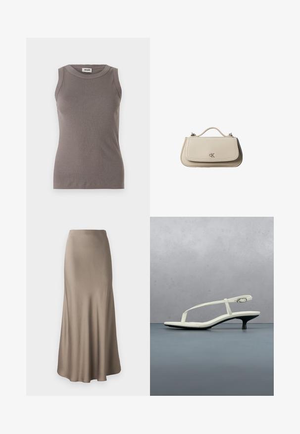 Grå ribbede tanktop med rund halsudskæring og ærmeløs design, lavet af et blødt, tekstureret stof. Enkel, tætsiddende silhuet.; Lang brun satin nederdel med en glat tekstur, der har en flydende silhuet og en let udvidet kant. Ingen synlig hardware eller mønstre.; Hvid sandal med stropper og kitten-hæl med spids tå, svævende over et trægulv udendørs med en sløret plante og væg i baggrunden.; Lille beige læderhåndtaske med top håndtag og sølv CK-logo på frontklap, vist mod en hvid baggrund.
