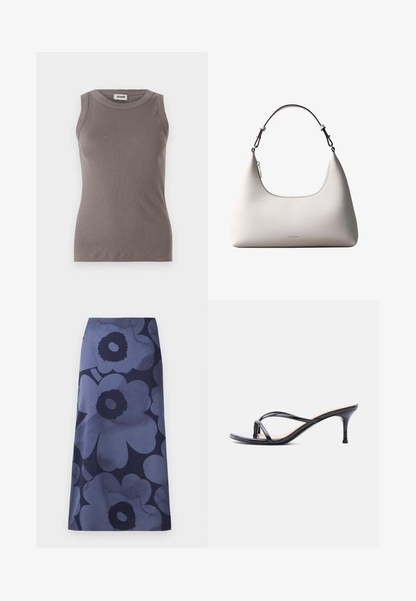 Grijze geribbelde tanktop met een ronde halslijn en mouwloos ontwerp, gemaakt van een zachte, gestructureerde stof. Eenvoudige, getailleerde silhoutte.; Midi-jurk met bloemenprint met grote donkerblauwe bloemen op een lichterblauwe achtergrond; de stof lijkt glad met een licht glanzende textuur.; Zwarte laklederen sandaal met hakken, dunne gekruiste bandjes en een slanke, middelhoog stilettohak op een witte achtergrond.; Romige Calvin Klein leren schoudertas met gebogen bovenrand, zilveren rits en donkerbruine verstelbare riem.