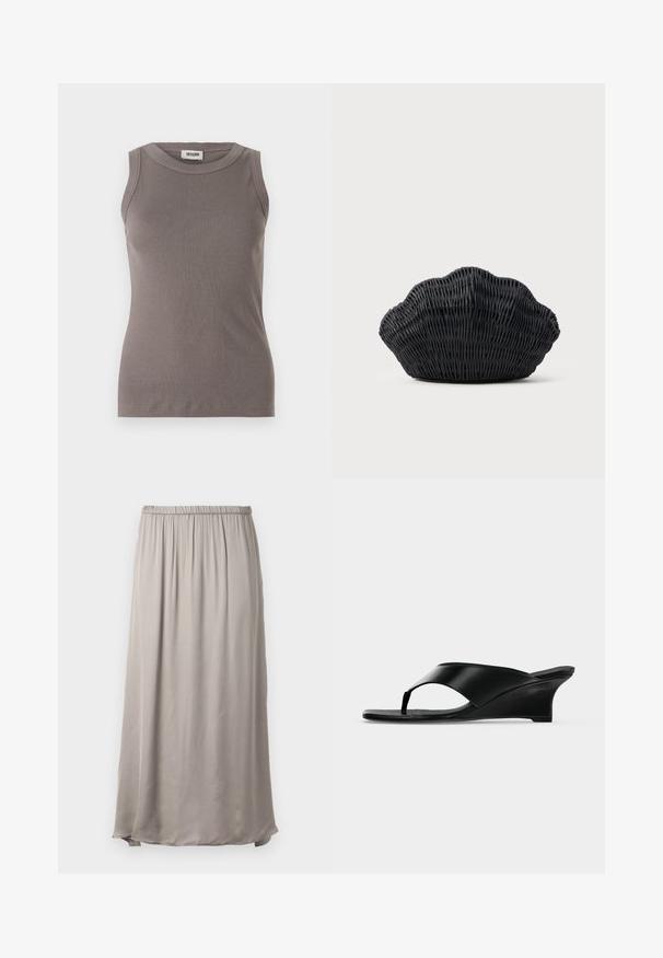 Grå ribbede tanktop med rund halsudskæring og ærmeløs design, lavet af et blødt, tekstureret stof. Enkel, tætsiddende silhuet.; Lang, beige nederdel lavet af blød, letvægtsstof med elastisk talje, der har et flydende design og en subtil glans.; Sort læder kile-sandal med tøffelrem og åben tå, med lav buet hæl og slankt minimalistisk design.; Sort flet håndtaske formet som en muslingeskal med en buet top og flettet tekstur på en ensfarvet baggrund.