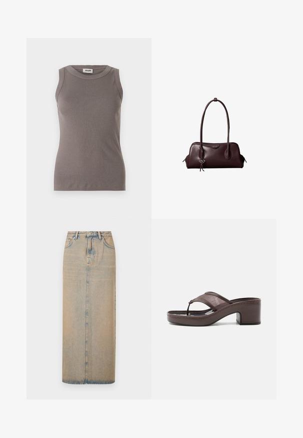 Grå ribbede tanktop med rund halsudskæring og ærmeløs design, lavet af et blødt, tekstureret stof. Enkel, tætsiddende silhuet.; En lang denimnederdel i lyseblå med lige snit. Har fem lommer, bæltestropper og knaplukning foran. Fadede tekstur over det hele.; Brun sandal med hæl med mesh-rem og tæst design, med blokhæl og syet sål, vist i profil mod hvid baggrund.; Mørkebrun lædertaske fra Calvin Klein med lange dobbelte håndtag og en lille logohængende ved det ene håndtag.