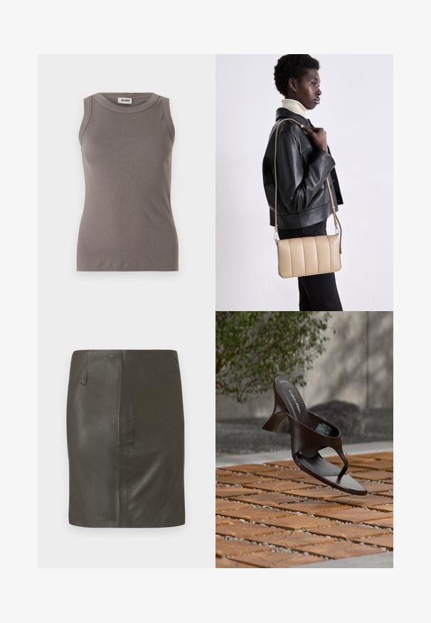 Grijze geribbelde tanktop met een ronde halslijn en mouwloos ontwerp, gemaakt van een zachte, gestructureerde stof. Eenvoudige, getailleerde silhoutte.; Donkergroene leren rok met een gladde textuur, nauwsluitende pasvorm en een enkele zijzak. Eenvoudig design zonder zichtbare hardware of patronen.; Bruine Calvin Klein teenslipper met hak, hangend boven houten tegels en grind op een buitenvloer met een vage achtergrond van groen en stenen.; Beige leren crossbody tas met een gequilt ontwerp, rechthoekige vorm, dunne schouderband en zilverkleurige hardware, gedragen door een persoon in een zwarte jas.