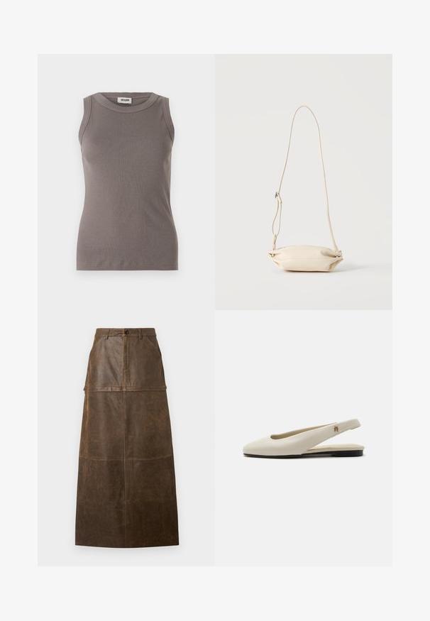 Grå ribbede tanktop med rund halsudskæring og ærmeløs design, lavet af et blødt, tekstureret stof. Enkel, tætsiddende silhuet.; Brun læder midi-nederdel med høj talje, frontlommer og en glat overflade med synlige syninger.; Flatsko i cremefarvet læder med rundet tå og lille guldemblem på remmen.; Lille beige læder crossbody taske med justerbar rem, vist mod en ensfarvet lys baggrund.