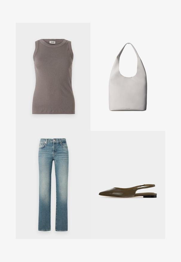 Grijze geribbelde tanktop met een ronde halslijn en mouwloos ontwerp, gemaakt van een zachte, gestructureerde stof. Eenvoudige, getailleerde silhoutte.; Blauwe spijkerbroek met een rechte pijp, voorzien van vervaagde gebieden, vijf-pocket ontwerp en metalen knoopsluiting bij de taille.; Olijfgroene platte slingback met spitse neus, lage zwarte hak en een gladde, glanzende afwerking.; Witte leren totebag met een enkele schouderriem, zachte textuur en een discreet Calvin Klein-logo nabij het midden onderaan.