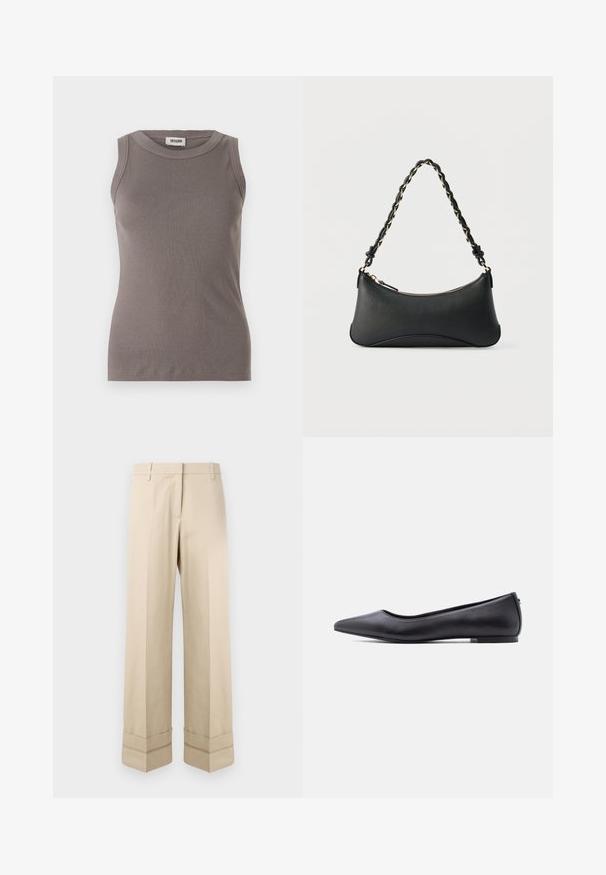 Grå ribbede tanktop med rund halsudskæring og ærmeløs design, lavet af et blødt, tekstureret stof. Enkel, tætsiddende silhuet.; Beige bukser med lige pasform, der har en dobbelt manchet i kanten og en flad frontdesign. Lavet af glat, slidstærkt stof.; Sort flad lædersko med spidst tåparti og lav hæl, vist i sideprofil mod en hvid baggrund.; Sort skuldertaske i læder med en buet rektangulær form, gyldent kæde vævet ind i en flettet sort rem og toplynlås.