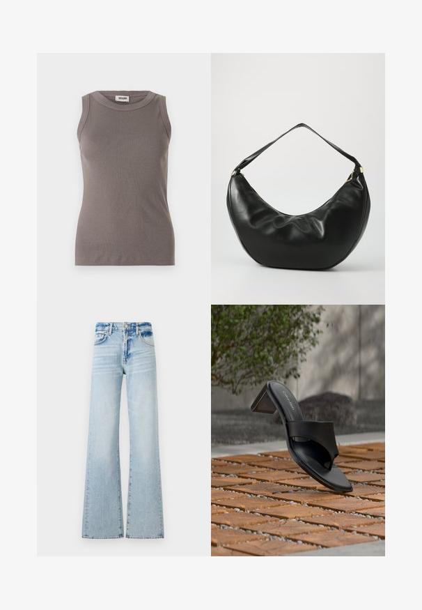 Grå ribbede tanktop med rund halsudskæring og ærmeløs design, lavet af et blødt, tekstureret stof. Enkel, tætsiddende silhuet.; Lyseblå bredbenede jeans lavet af denim, med en mellemhøj talje, fem lommer og kontrastsyninger med en falmet finish.; Sort Calvin Klein hælet sandal med tå-loop på trægulv udendørs nær et træ og en stenmur.; Sort læder skuldertaske med en buet form, blød tekstur og en enkelt rem; har en guldbeslået lynlås og diskret branding.