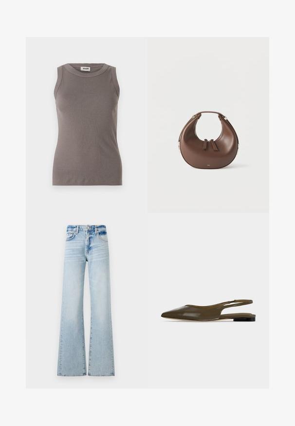 Graues, geripptes Tanktop mit rundem Ausschnitt und ärmellosem Design, hergestellt aus einem weichen, strukturierten Stoff. Schlichte, taillierte Silhouette.; Helle blaue weit geschnittene Jeans aus Denim, mit mittelhohem Bund, fünf Taschen und Kontrastnähten sowie einem verwaschenen Finish.; Olivgrüner Slingback-Flachschuh mit spitzer Zehenpartie, niedrigem schwarzem Absatz und glattem, glänzendem Finish.; Braune, sichelförmige Lederhandtasche mit einem oberen Griff und zwei Reißverschluss-Schiebern vor weißem Hintergrund.