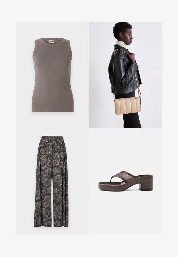 Débardeur gris côtelé avec un col rond et un design sans manches, fabriqué à partir d'un tissu doux et texturé. Silhouette simple et ajustée.; Pantalons à jambes larges avec un imprimé floral sombre comportant des motifs gris et orange complexes. La taille élastique ajoute confort et flexibilité.; Sandale marron à talon avec lanière en mesh et design en tige, dotée d'un talon bloc et d'une semelle cousue, présentée de profil sur fond blanc.; Sac en cuir beige en bandoulière avec un design matelassé, de forme rectangulaire, avec une fine sangle et des détails en métal argenté, porté par une personne en veste noire.