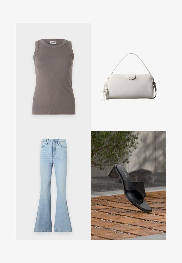 Grijze geribbelde tanktop met een ronde halslijn en mouwloos ontwerp, gemaakt van een zachte, gestructureerde stof. Eenvoudige, getailleerde silhoutte.; Lichtblauwe flare jeans van denim, met een hoge taille, subtiele vervaging en grote klokvormige pijpen met een schone afwerking.; Zwarte Calvin Klein sandaal met hak en teenlus op een houten tegelvloer buiten, nabij een boom en een stenen muur.; Witte rechthoekige Calvin Klein handtas met enkele handgreep, minimalistisch ontwerp en decoratieve kwastjes met geometrische metalen hanger aan de zijkant.